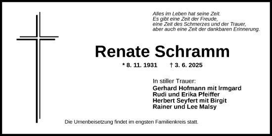 Traueranzeige von Renate Schramm von Neustadt/ Scheinfeld/ Uffenheim