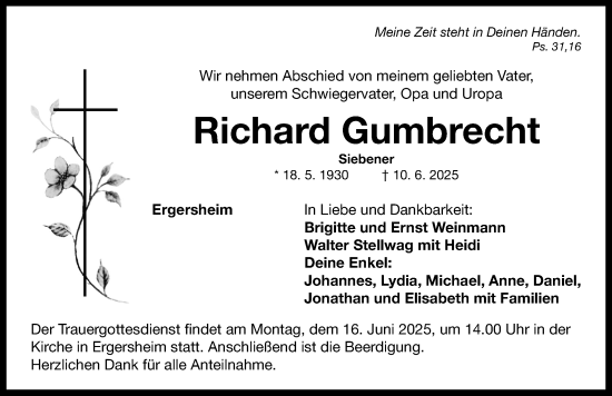 Traueranzeige von Richard Gumbrecht von Neustadt/ Scheinfeld/ Uffenheim