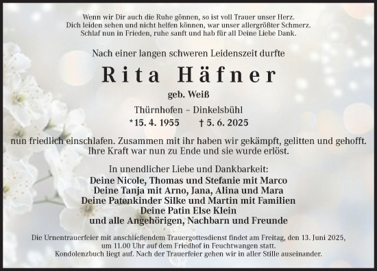 Traueranzeige von Rita Häfner von Dinkelsbühl/ Feuchtwangen