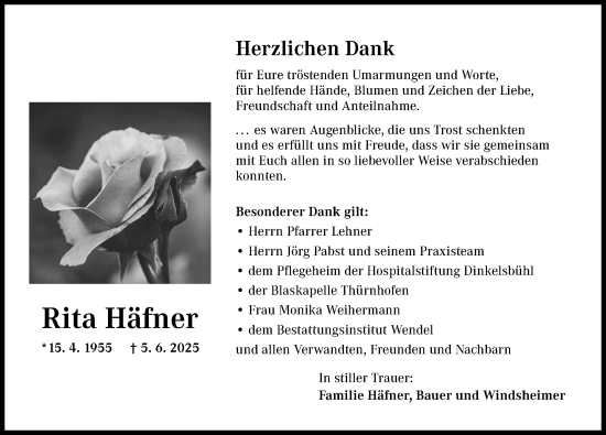Traueranzeige von Rita Häfner von Dinkelsbühl/ Feuchtwangen