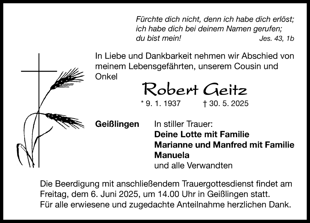  Traueranzeige für Robert Geitz vom 04.06.2025 aus Neustadt/ Scheinfeld/ Uffenheim