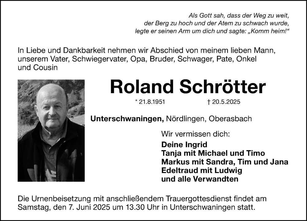  Traueranzeige für Roland Schrötter vom 04.06.2025 aus Dinkelsbühl/ Feuchtwangen