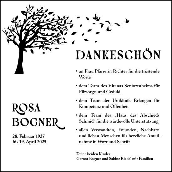 Traueranzeige von Rosa Bogner von Neustadt/ Scheinfeld/ Uffenheim