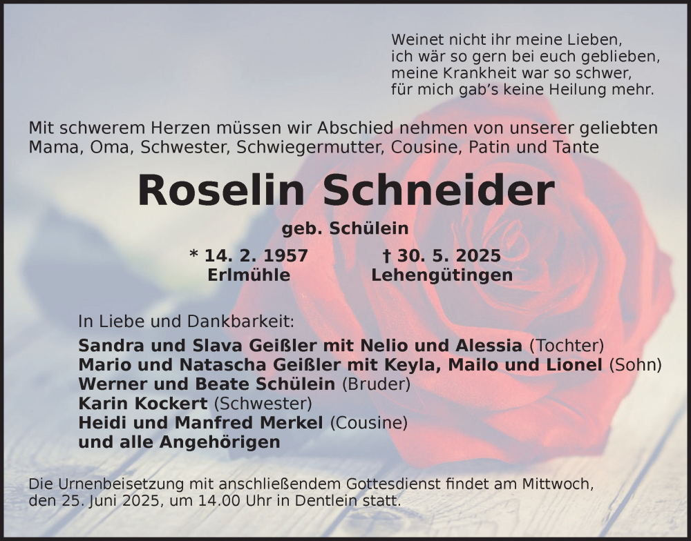  Traueranzeige für Roselin Schneider vom 21.06.2025 aus Dinkelsbühl/ Feuchtwangen
