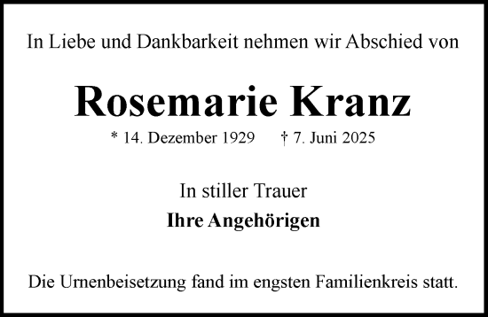 Traueranzeige von Rosemarie Kranz von Rothenburg