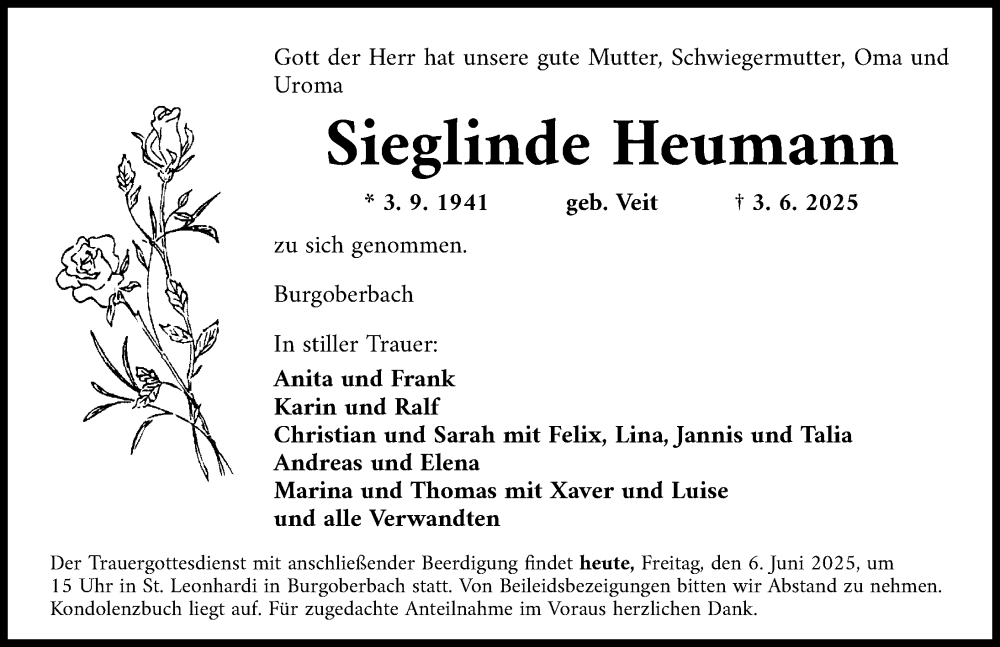  Traueranzeige für Sieglinde Heumann vom 06.06.2025 aus Dinkelsbühl/ Feuchtwangen