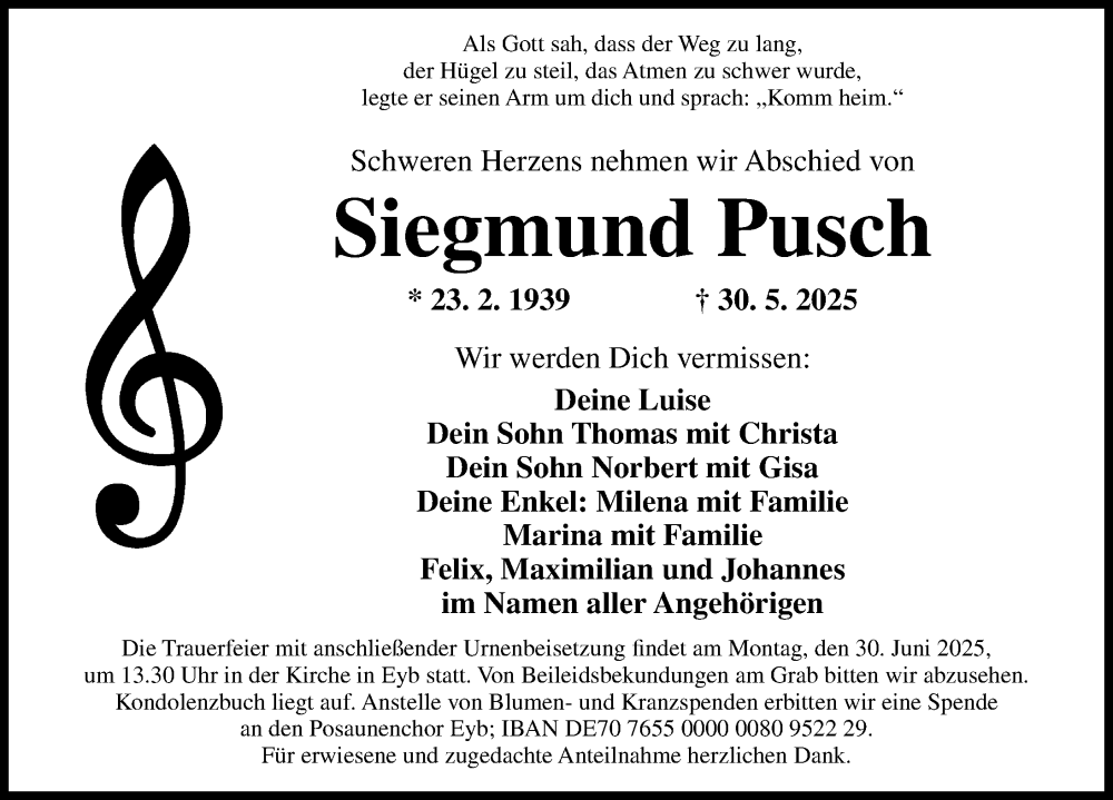 Traueranzeige für Siegmund Pusch vom 26.06.2025 aus Ansbach