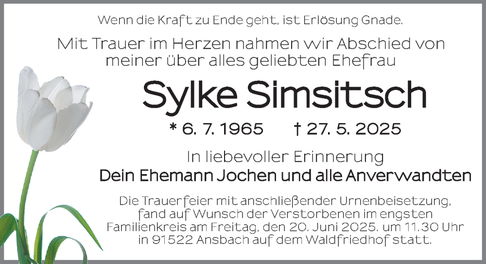  Traueranzeige für Sylke Simsitsch vom 23.06.2025 aus Ansbach