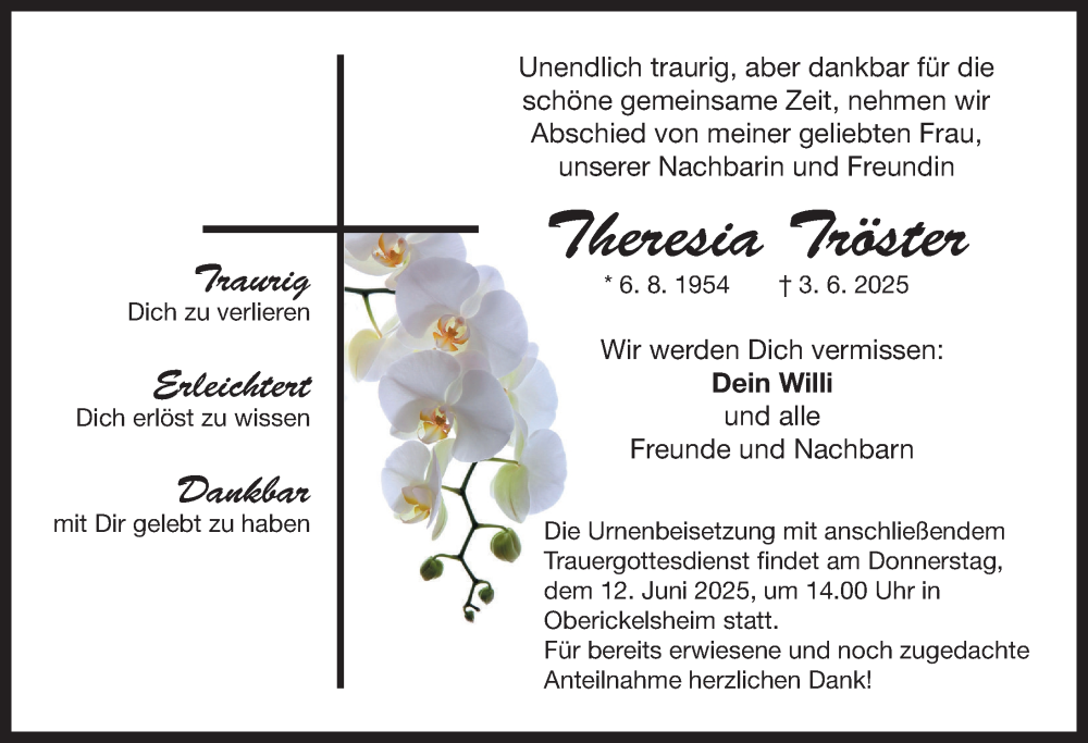  Traueranzeige für Theresia Tröster vom 07.06.2025 aus Neustadt/ Scheinfeld/ Uffenheim