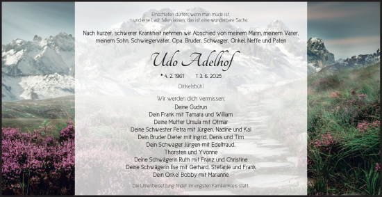 Traueranzeige von Udo Adelhof von Dinkelsbühl/ Feuchtwangen