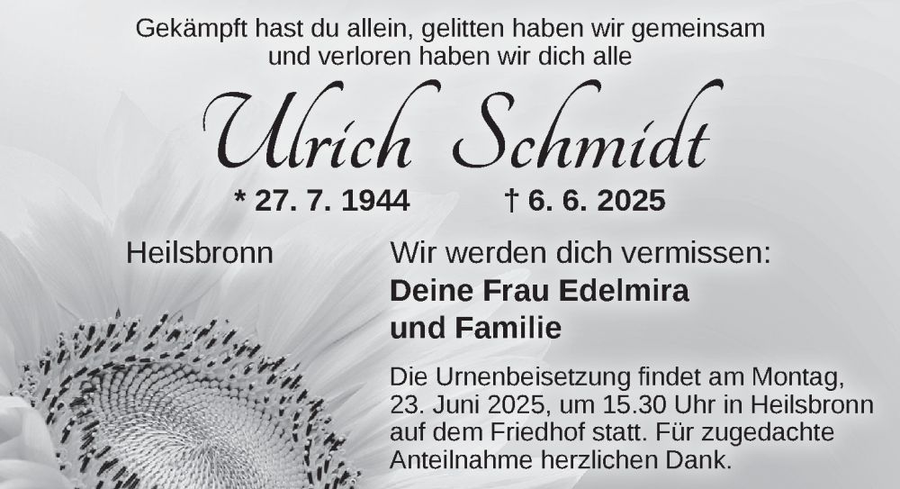  Traueranzeige für Ulrich Schmidt vom 18.06.2025 aus Ansbach