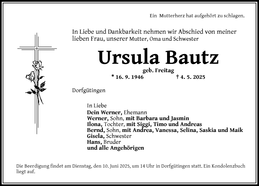  Traueranzeige für Ursula Bautz vom 07.06.2025 aus Dinkelsbühl/ Feuchtwangen
