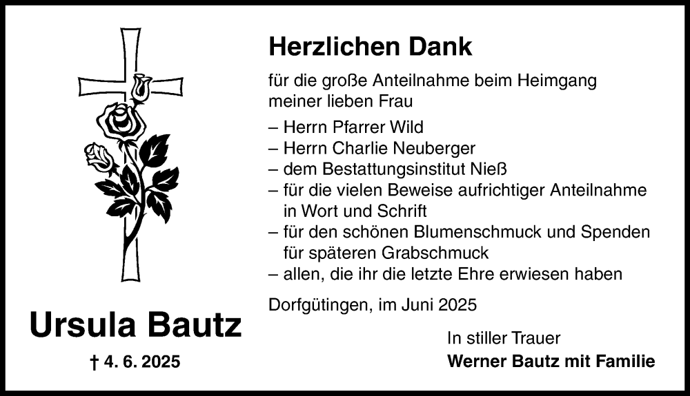  Traueranzeige für Ursula Bautz vom 21.06.2025 aus Dinkelsbühl/ Feuchtwangen