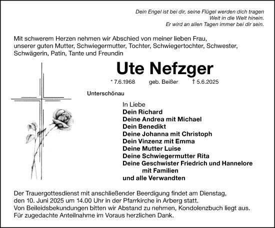Traueranzeige von Ute Nefzger von Ansbach
