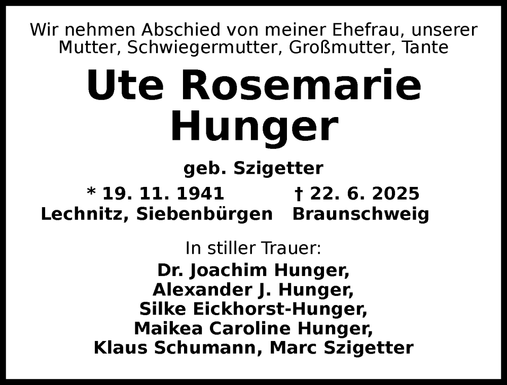  Traueranzeige für Ute Rosemarie Hunger vom 28.06.2025 aus Rothenburg