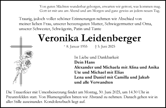 Traueranzeige von Veronika Leidenberger von Neustadt/ Scheinfeld/ Uffenheim