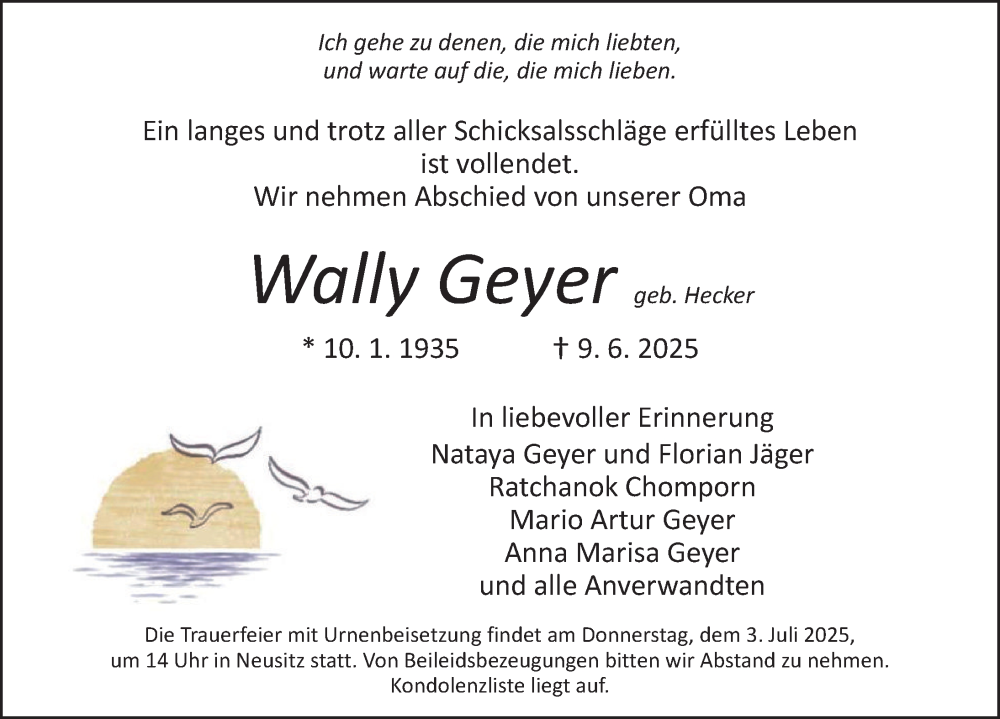  Traueranzeige für Wally Geyer vom 28.06.2025 aus Rothenburg