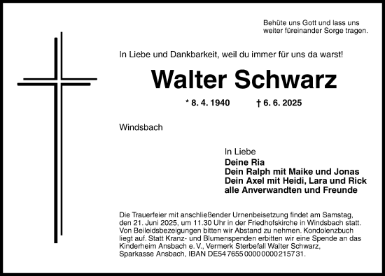 Traueranzeige von Walter Schwarz von Ansbach