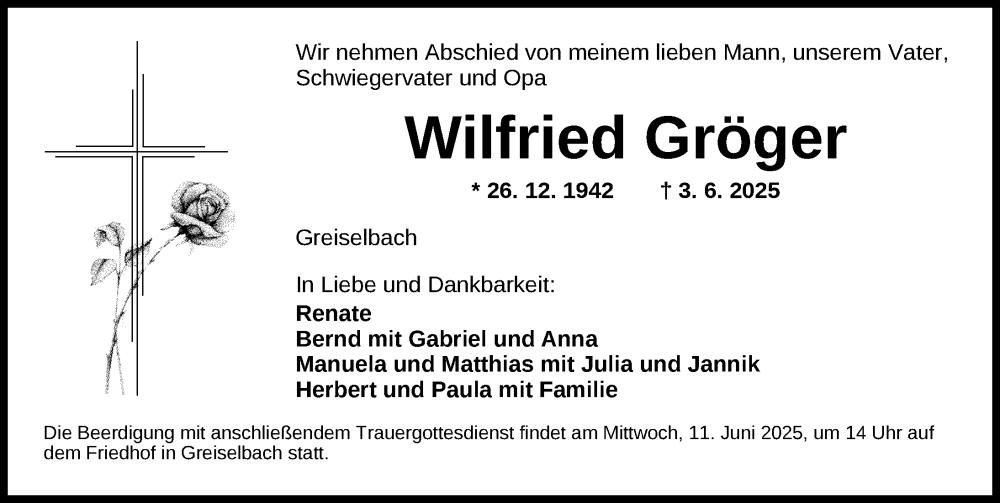 Traueranzeige für Wilfried Gröger vom 07.06.2025 aus Dinkelsbühl/ Feuchtwangen