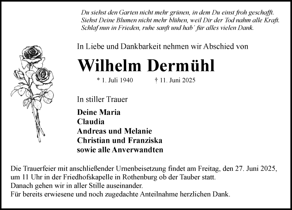  Traueranzeige für Wilhelm Dermühl vom 24.06.2025 aus Rothenburg