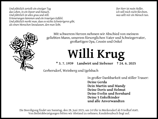 Traueranzeige von Willi Krug von Ansbach