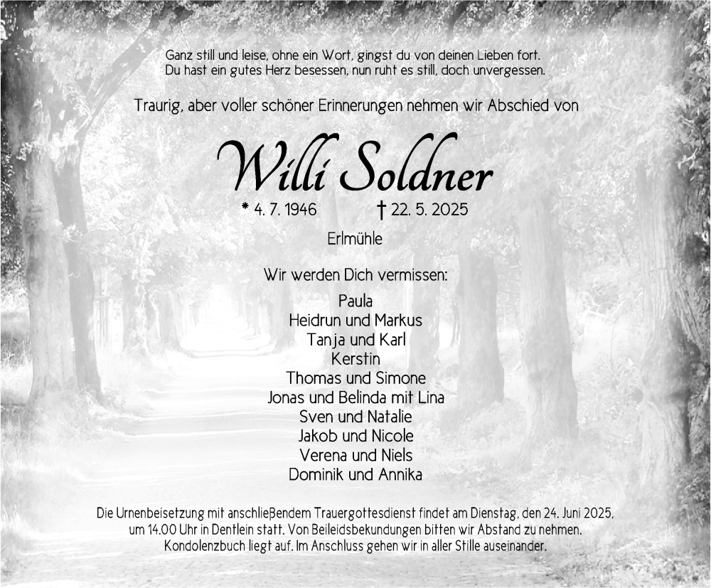  Traueranzeige für Willi Soldner vom 21.06.2025 aus Dinkelsbühl/ Feuchtwangen