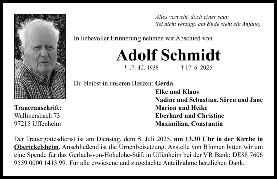 Traueranzeige von Adolf Schmidt von Neustadt/ Scheinfeld/ Uffenheim