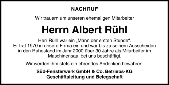 Traueranzeige von Albert Rühl von Dinkelsbühl/ Feuchtwangen