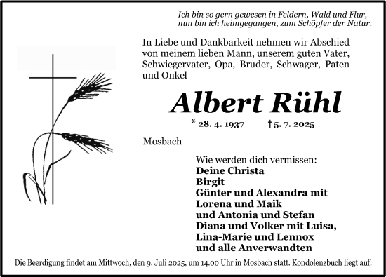 Traueranzeige von Albert Rühl von Dinkelsbühl/ Feuchtwangen