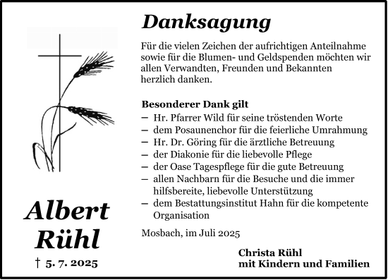 Traueranzeige von Albert Rühl von Dinkelsbühl/ Feuchtwangen