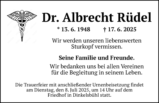 Traueranzeige von Albrecht Rüdel von Dinkelsbühl/ Feuchtwangen