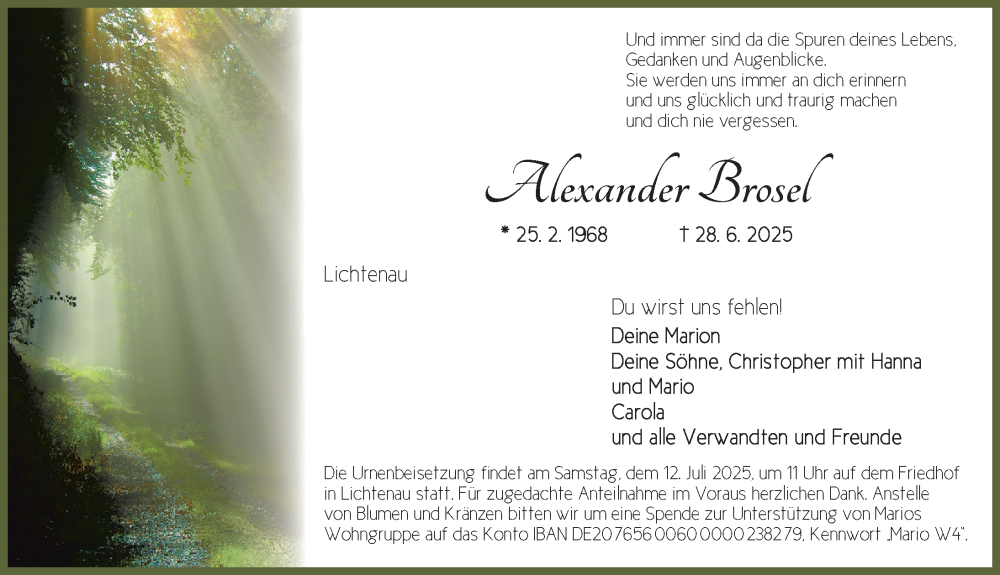  Traueranzeige für Alexander Brosel vom 09.07.2025 aus Ansbach