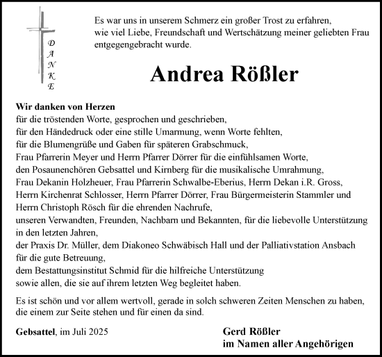 Traueranzeige von Andrea Rößler von Rothenburg