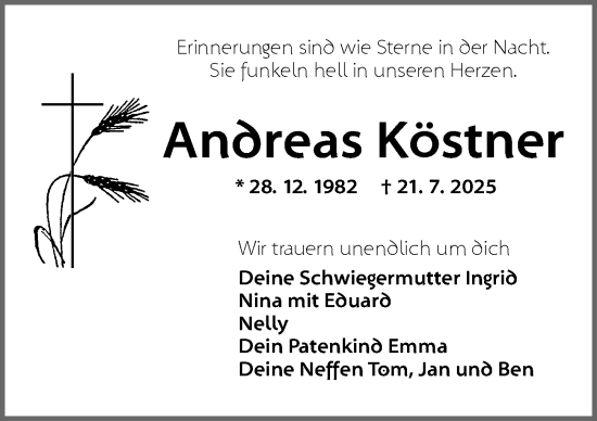 Traueranzeige von Andreas Köstner von Neustadt/ Scheinfeld/ Uffenheim