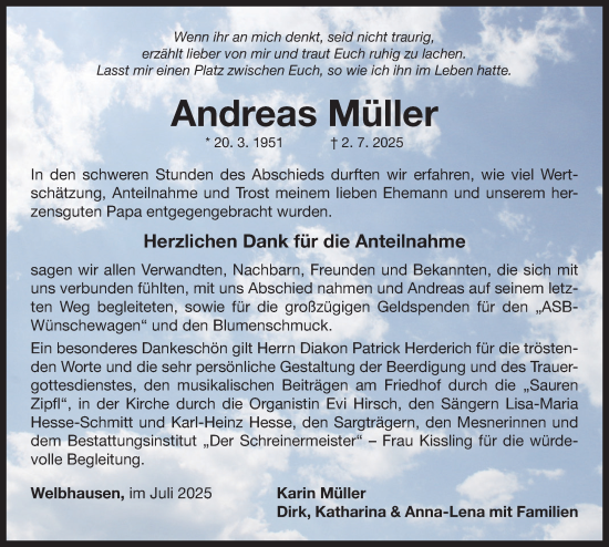 Traueranzeige von Andreas Müller von Neustadt/ Scheinfeld/ Uffenheim