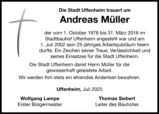 Traueranzeige von Andreas Müller von Neustadt/ Scheinfeld/ Uffenheim