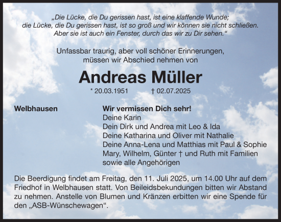 Traueranzeige von Andreas Müller von Neustadt/ Scheinfeld/ Uffenheim