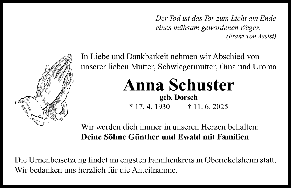  Traueranzeige für Anna Schuster vom 02.07.2025 aus Neustadt/ Scheinfeld/ Uffenheim