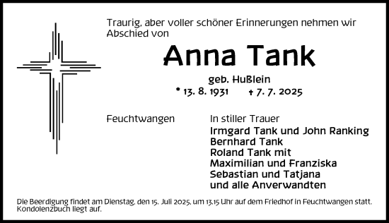 Traueranzeige von Anna Tank von Dinkelsbühl/ Feuchtwangen
