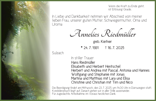 Traueranzeige von Annelies Riedmüller von Dinkelsbühl/ Feuchtwangen