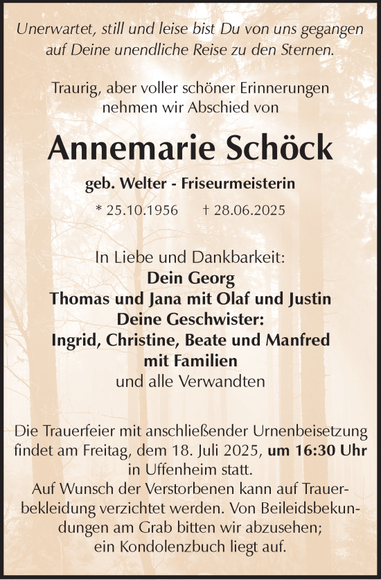 Traueranzeige von Annemarie Schöck von Neustadt/ Scheinfeld/ Uffenheim