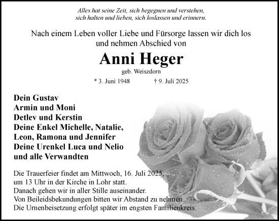 Traueranzeige von Anni Heger von Rothenburg