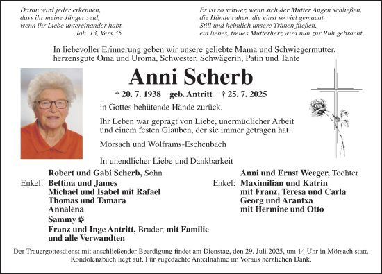 Traueranzeige von Anni Scherb von Ansbach