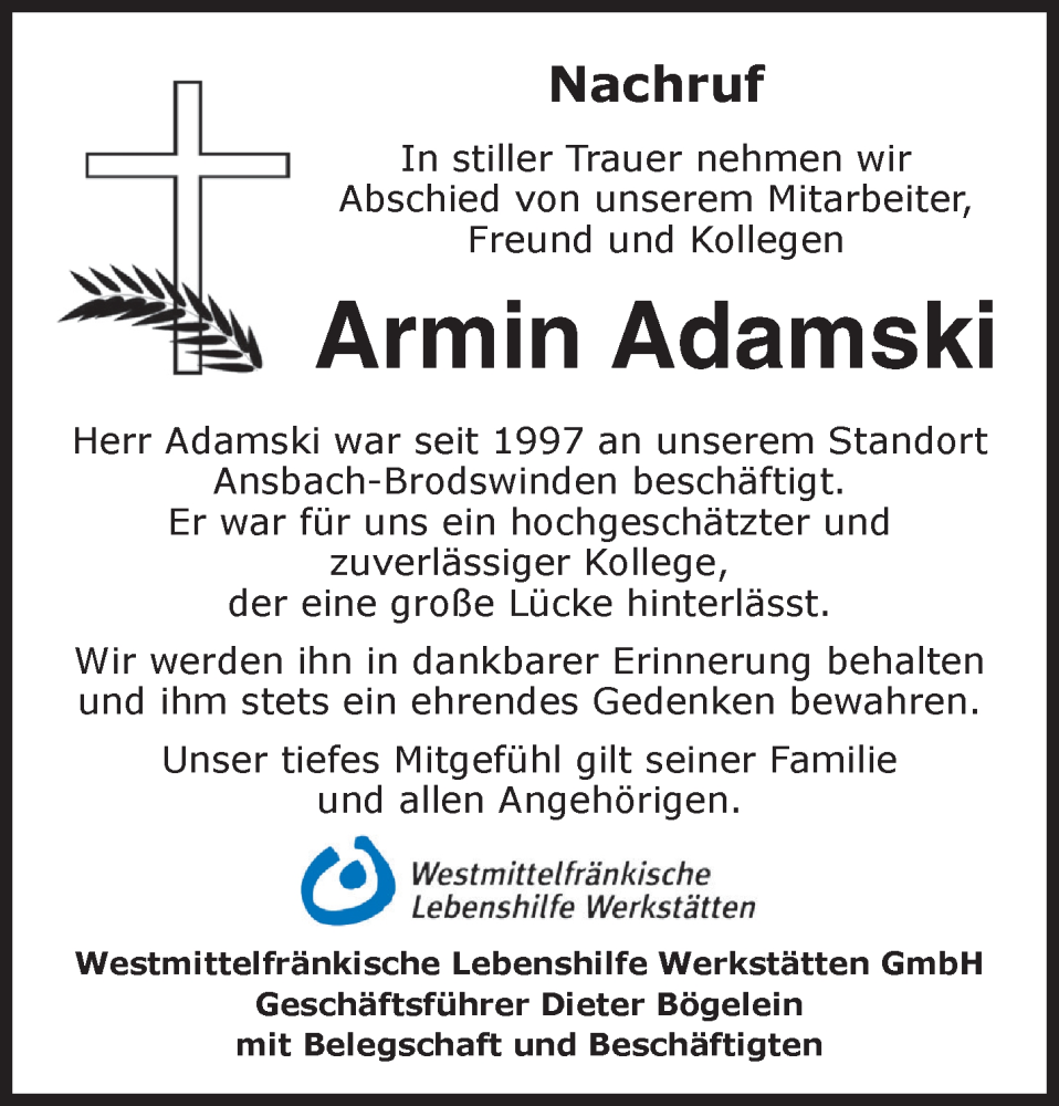  Traueranzeige für Armin Adamski vom 30.07.2025 aus Ansbach