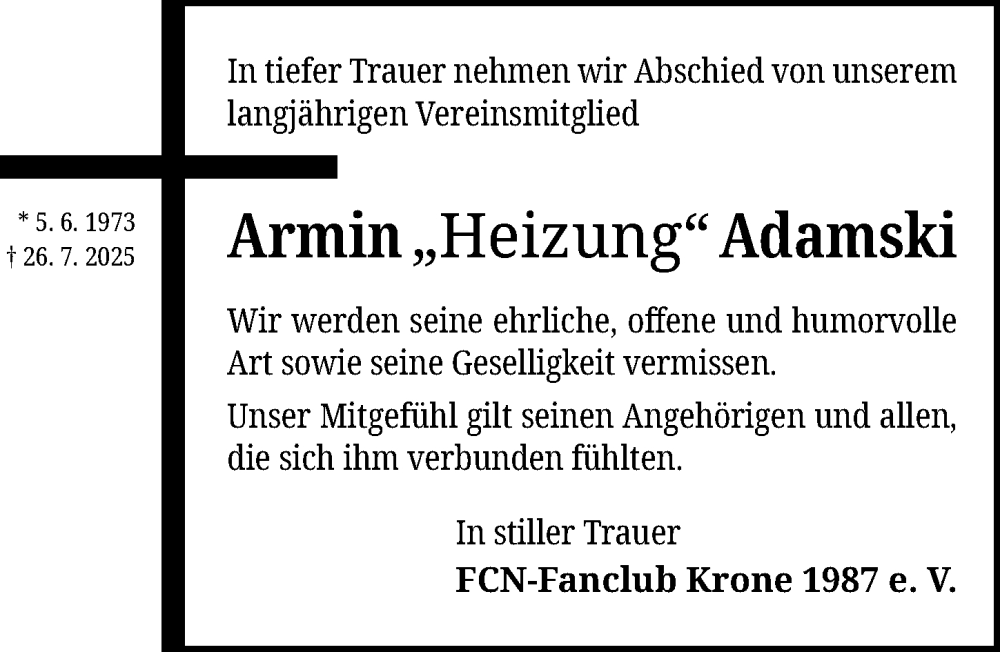  Traueranzeige für Armin Adamski vom 30.07.2025 aus Ansbach