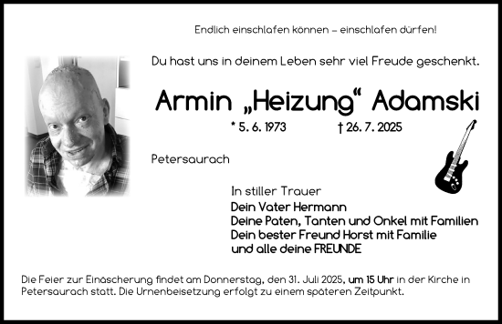 Traueranzeige von Armin Adamski von Ansbach