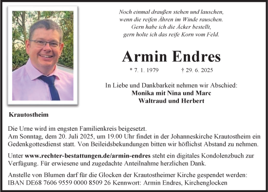Traueranzeige von Armin Endres von Neustadt/ Scheinfeld/ Uffenheim