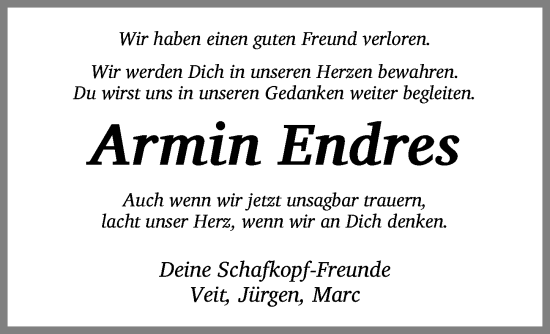 Traueranzeige von Armin Endres von Neustadt/ Scheinfeld/ Uffenheim