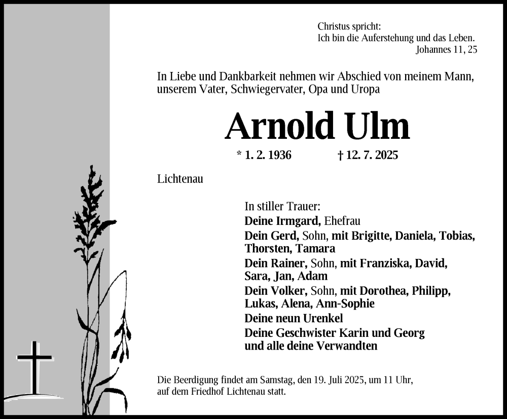  Traueranzeige für Arnold Ulm vom 16.07.2025 aus Ansbach