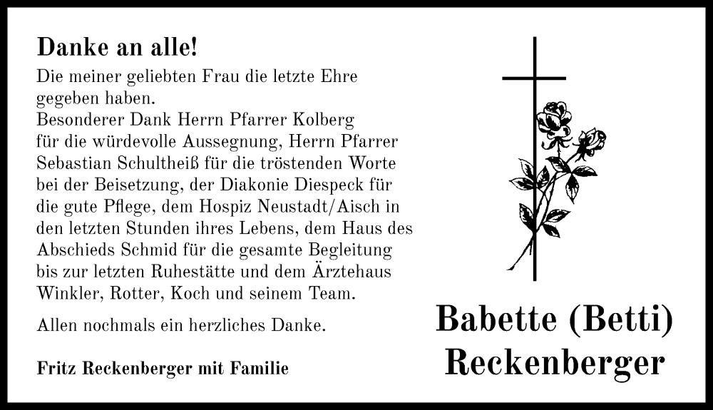 Traueranzeige für Babette Reckenberger vom 26.07.2025 aus Neustadt/ Scheinfeld/ Uffenheim